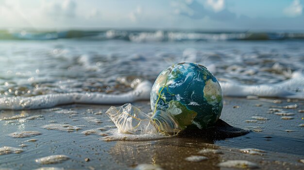 Foto bola de cristal en la playa con salpicaduras de agua y cielo azul