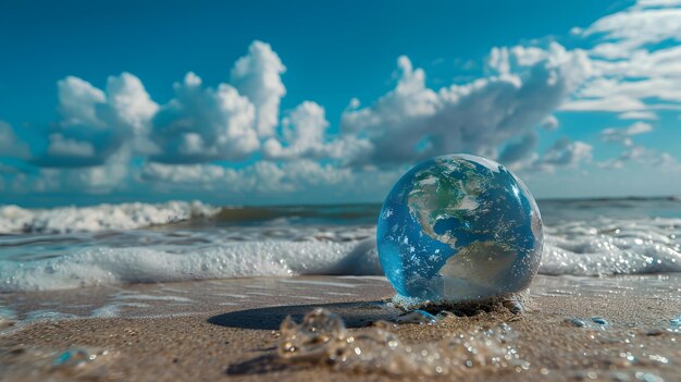 Foto bola de cristal en la playa con salpicaduras de agua y cielo azul