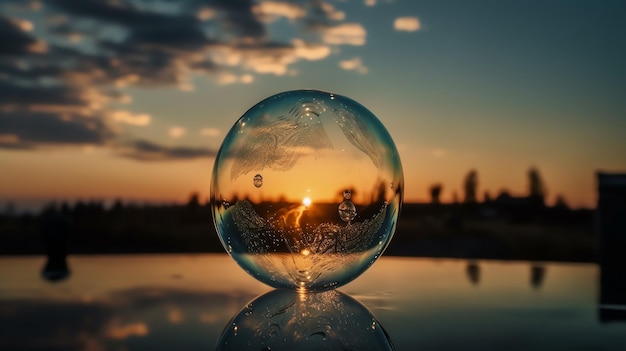 Una bola de cristal con la puesta de sol detrás de ella.