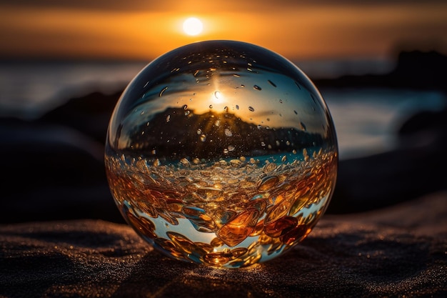 Una bola de cristal con la puesta de sol detrás de ella.