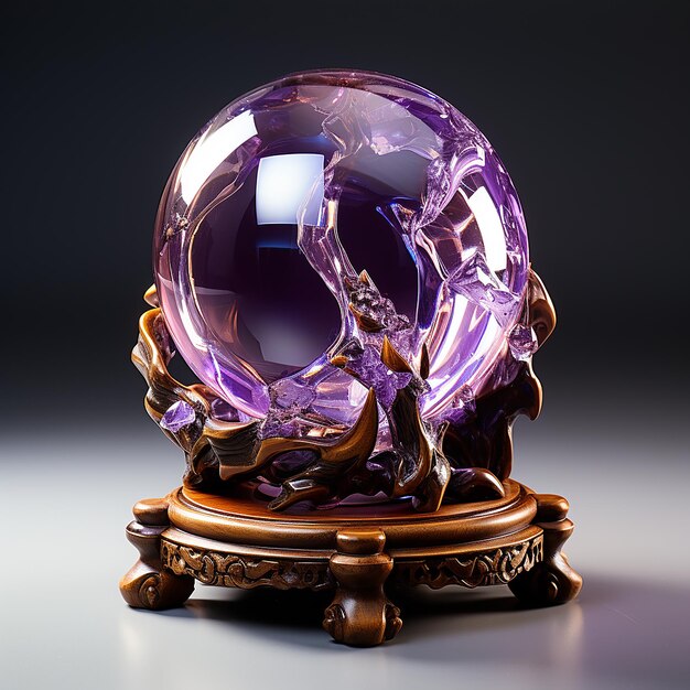Bola de cristal púrpura modelo 3d con base de madera