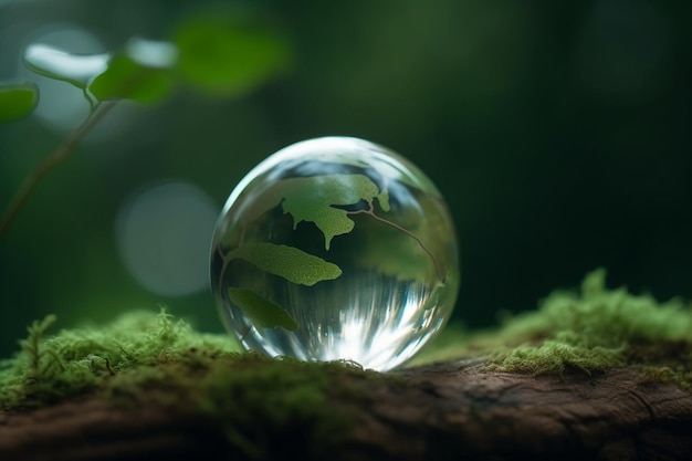 Una bola de cristal en una rama cubierta de musgo con una hoja