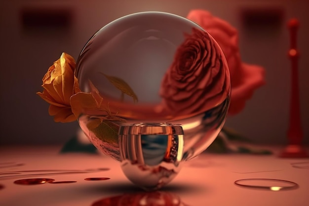 Una bola de cristal con una rosa y una rosa dentro.