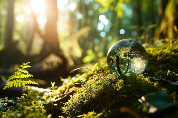 una bola de cristal sentada encima de un exuberante bosque verde