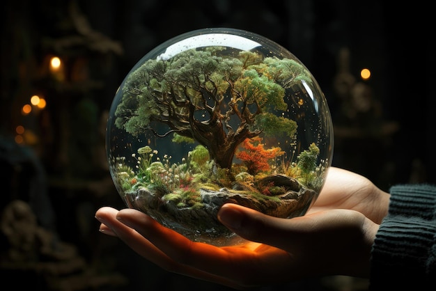 Bola de cristal simbólica con plantas verdes en las palmas de una persona Cuidado de la naturaleza
