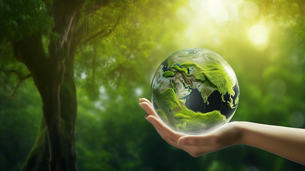 Bola de cristal de la Tierra globo de vidrio y árbol en crecimiento en la mano 3D