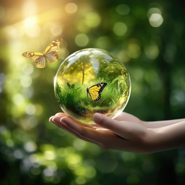Bola de cristal de la Tierra globo de vidrio y árbol en crecimiento en la mano humana IA generativa