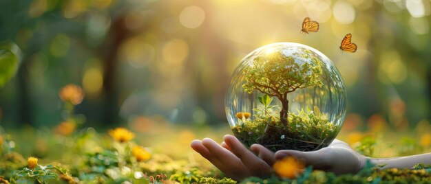 Bola de cristal de la Tierra globo de vidrio y árbol en crecimiento en la mano humana en mariposa amarilla volando en fondo verde soleado Concepto para el Día Mundial de la Tierra