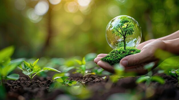 Foto bola de cristal de la tierra globo de vidrio y árbol en la mano del robot salvar el medio ambiente salvar un planeta limpio eco