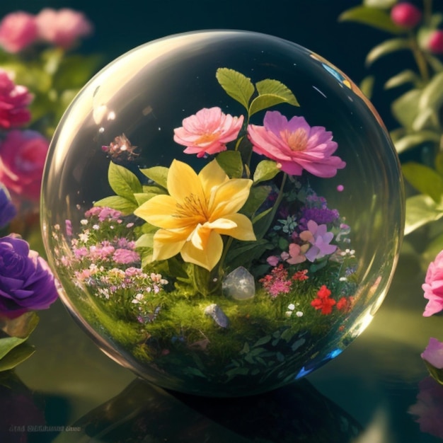 Foto una bola de cristal transparente llena de flores vibrantes que crean una exhibición caprichosa y colorida.