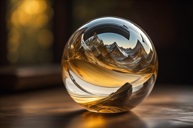 Bola de cristal transparente en una mesa de madera