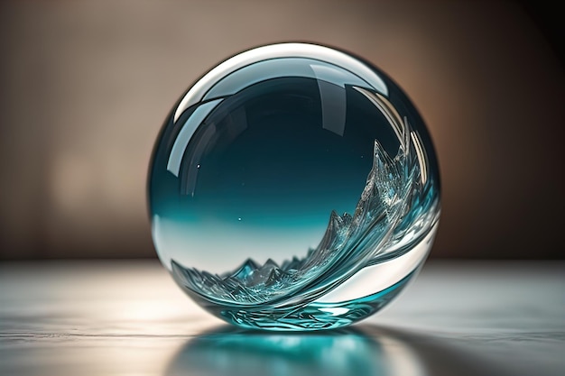 Bola de cristal transparente en una mesa de madera