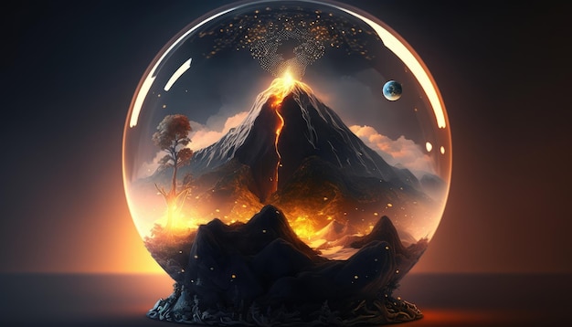 Una bola de cristal con un volcán dentro