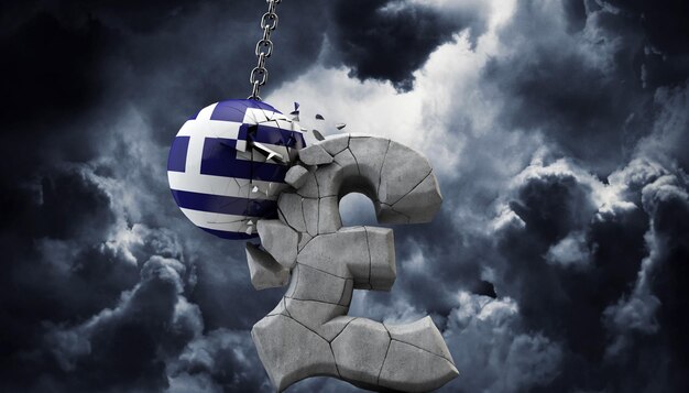 Bola da Grécia esmagando um símbolo de libra esterlina uk economia d render