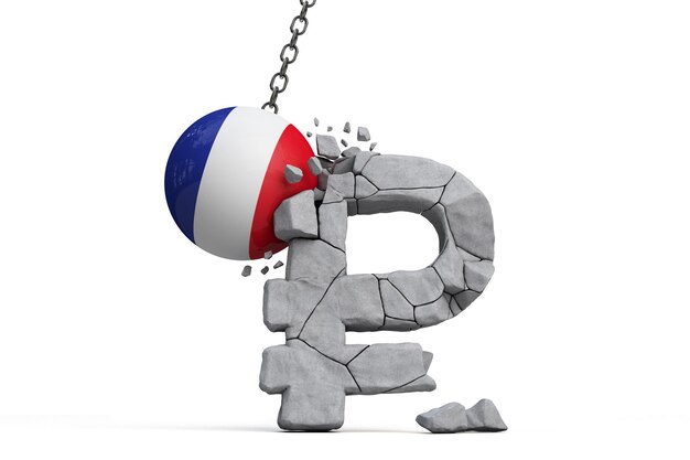 Bola de bandeira da França esmagando um símbolo de moeda rublo russo conceito de sanções econômicas d render