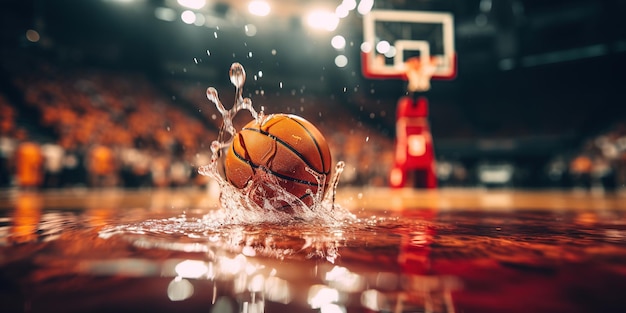 Bola de basquete AI generativa na quadra com respingos de água e foto aproximada da luz solar