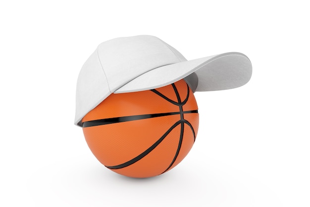 Bola de basquete com boné de beisebol branco da moda em um fundo branco. renderização 3d