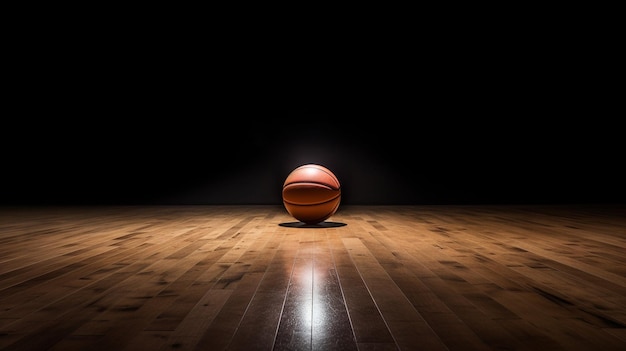 bola de basquete com cesta de madeira em um conceito de esporte e jogo de quarto escuro