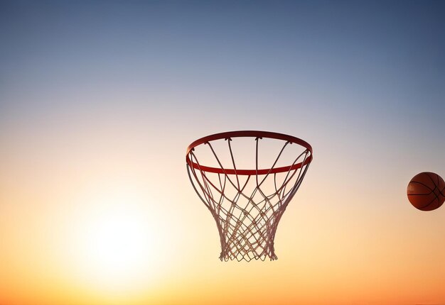 Bola de basquete de rua caindo no aro Close up da bola laranja acima da rede do aro com azul s