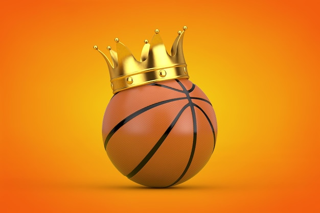 Bola de basquete laranja com coroa dourada em uma renderização 3d de fundo laranja