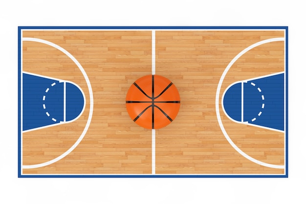 Bola de basquete laranja no centro do piso da quadra de basquete de madeira com linhas em um fundo branco. renderização 3d