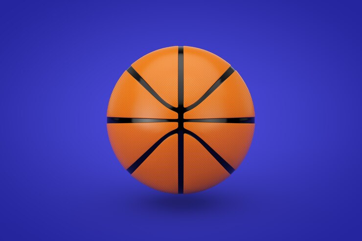 Foto bola de basquete laranja sobre fundo azul. renderização 3d