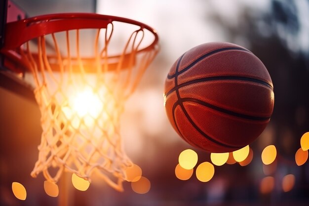 Bola de basquete no ar perto do aro close-up na quadra de basquete campo de jogo desfocado