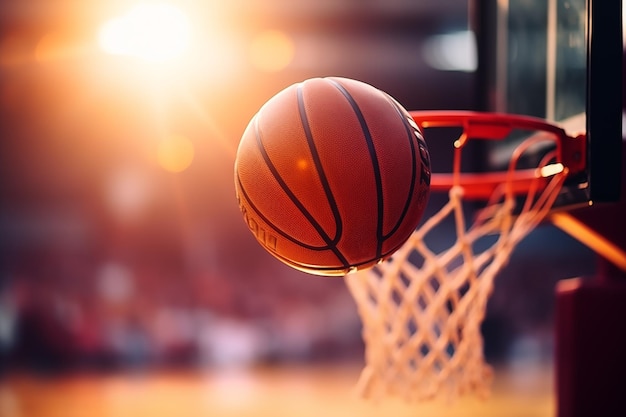 Bola de basquete no ar perto do aro close-up na quadra de basquete campo de jogo desfocado