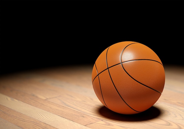 Bola de basquete no chão em parquet ilustração 3d de fundo preto