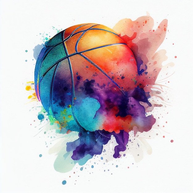 Bola de basquete voadora, desenho, pintura, aquarela, fundo branco, IA generativa