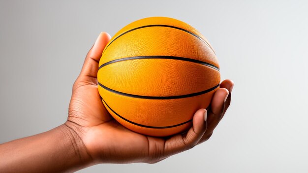 Foto bola de basquetebol na mão isolada em fundo branco