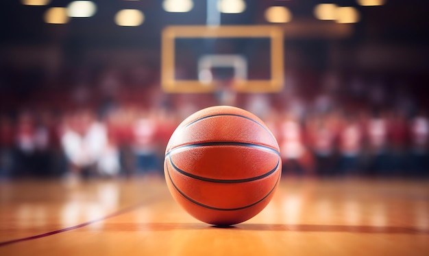 Bola de basquetebol no chão de uma quadra de basquete de um salão de esportes