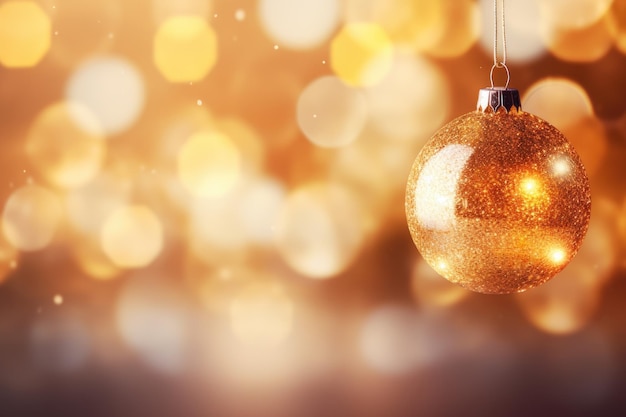 Foto bola de brilho dourado para árvore de natal espaço de cópia de bokeh borrado dourado