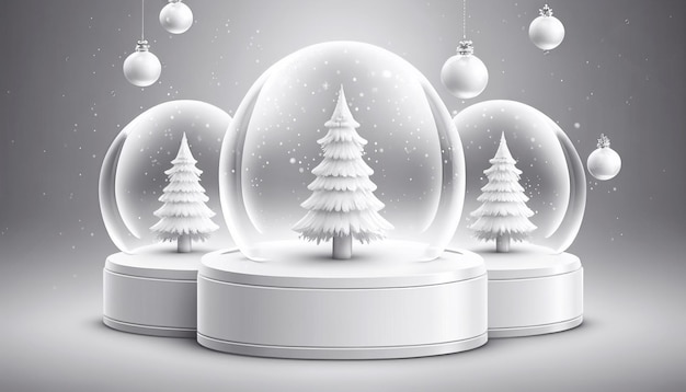 Bola de cristal, bola de neve com árvore de Natal nevada, abeto dentro, neve caindo, decoração de férias realista, ilustração. IA generativa