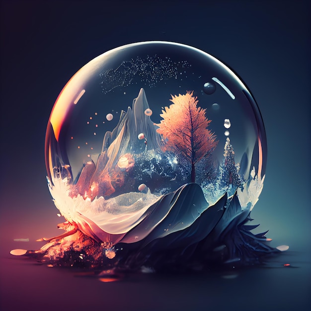 Bola de cristal brilhante com ilustração 3d de floresta e flocos de neve