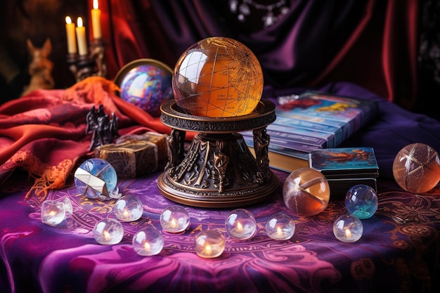 Foto bola de cristal cercada por cartas de tarot em uma toalha de mesa ornamentada