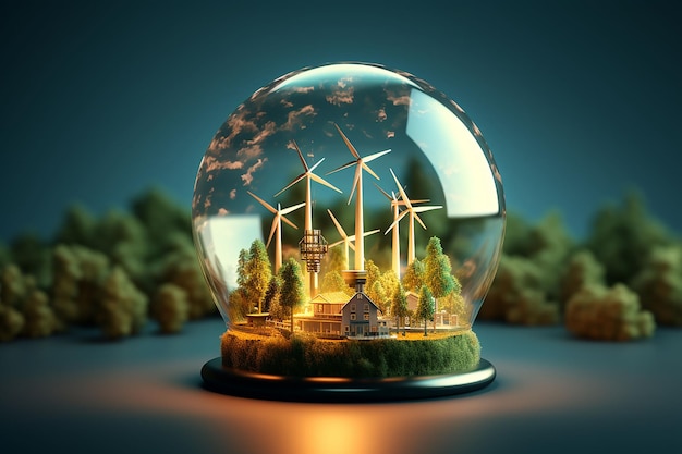 Bola de cristal com moinhos de vento no fundo da floresta renderização em 3D Energia alternativa