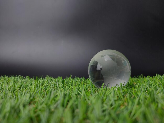 Bola de cristal da terra em um fundo de grama verde com espaço de cópia