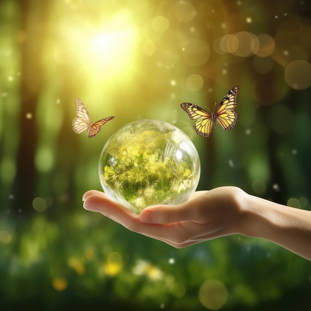 Bola de cristal de vidro da Terra e árvore em crescimento na mão humana IA gerativa