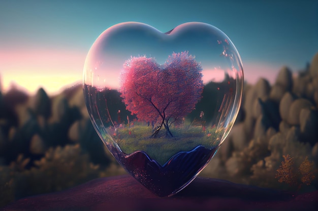 Bola de cristal em forma de coração com árvore dentro de Generative AI