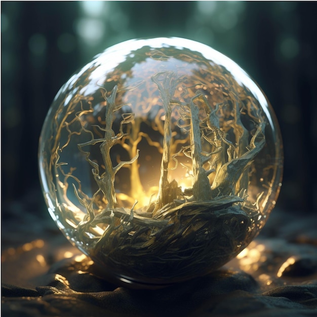 Bola de cristal mágica com floresta brilhante dentro de ilustração de renderização 3D