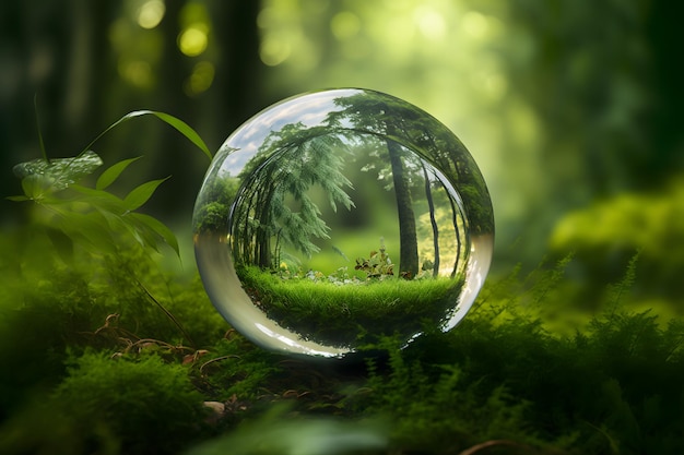 Bola de cristal na grama verde com reflexo da vegetação verde dentro da arte gerada pela rede neural