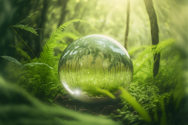 Bola de cristal na grama verde com reflexo da vegetação verde dentro da arte gerada pela rede neural