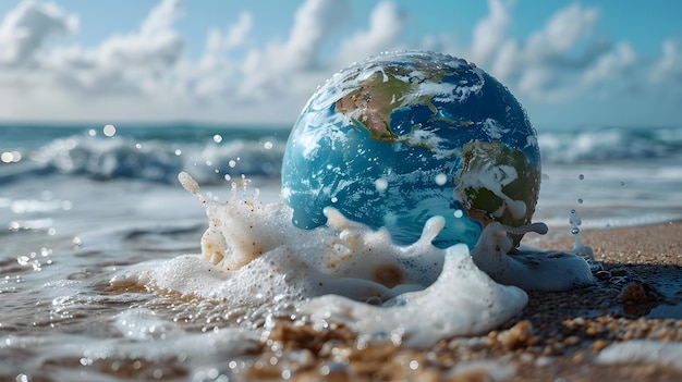 Foto bola de cristal na praia com salpicos de água e céu azul