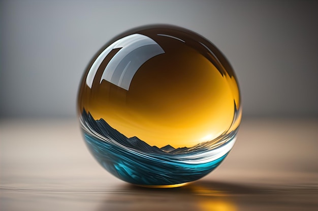 Bola de cristal transparente sobre uma mesa de madeira