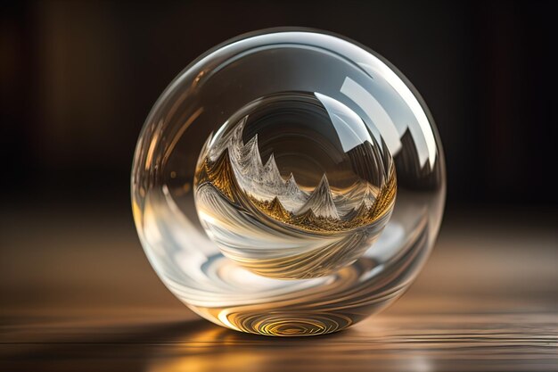 Foto bola de cristal transparente sobre uma mesa de madeira