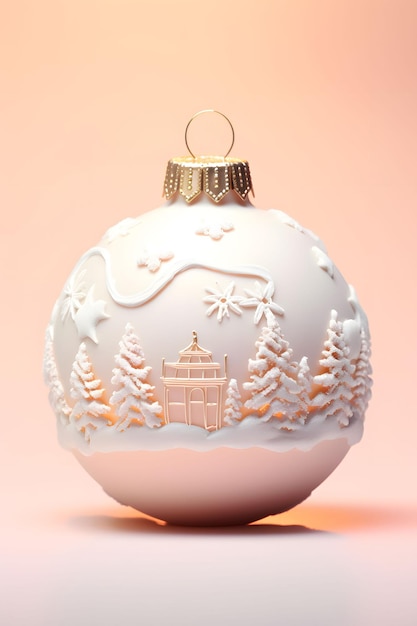 Bola de decoração de Natal branca com árvore de Natal coberta de neve Ano Novo Ilustração 3d