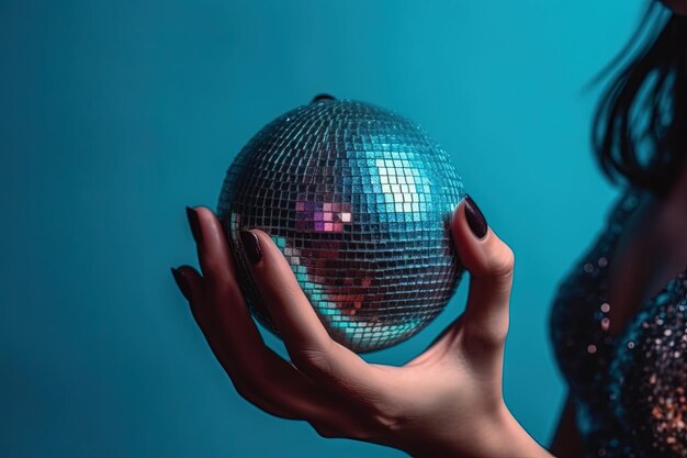 Bola de discoteca brilhante em uma mão de mulher isolada em uma vida noturna de fundo azul brilhante e celebração inspirada ideia ilustração generativa ai