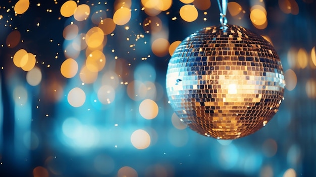 Bola de discoteca em fundo de bokeh dourado festa de Natal e Ano Novo