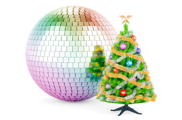 Bola de discoteca espelhada com renderização 3D do conceito de festa de Natal da árvore de Natal
